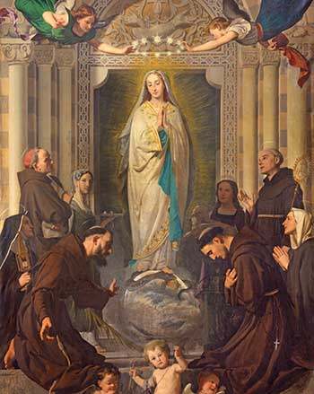 The Immaculate Conception Among the Saints (featuring Saints Bernardine, Bonaventure, Agnes and Lucy) was painted by Enrico Reffo (1831–1917) and can be found in Turin, Italy.