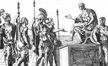 Roman soldiers ready to do the bidding of their pagan Roman emperor. Print attributed to Giorgio Ghisi.