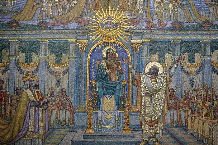 The Council of Ephesus as portrayed in a mosaic in the Basilica of Notre-Dame de Fourvière, built in 1872. In the middle can be seen Saint Cyril of Alexandria facing the Blessed Virgin Mary and the Child Jesus.