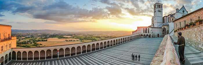 Famous lower plaza at the Basilica of Saint Francis of Assisi, Umbria, Italy
