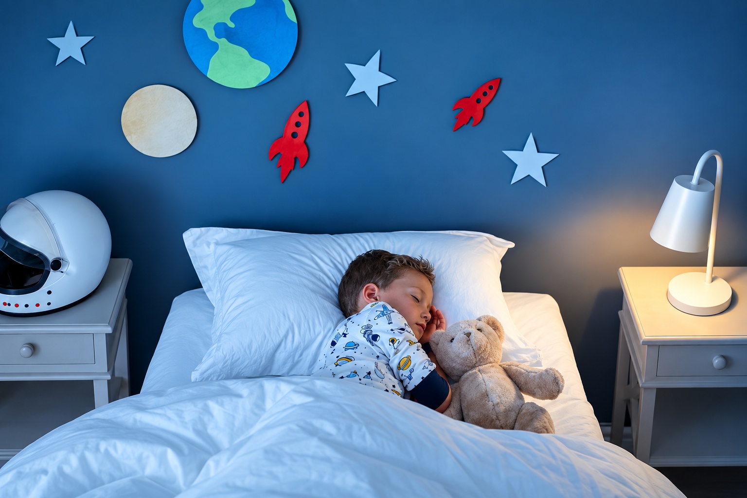 A child asleep in their own bed, lit by a low bedside lamp