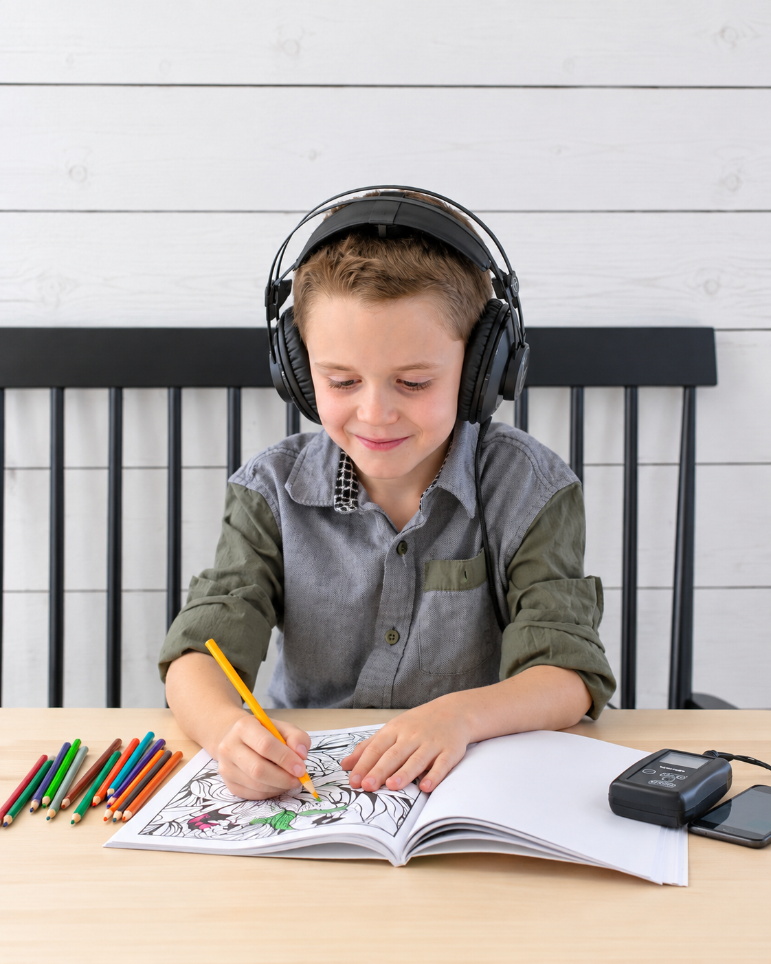 A school-age child wearing Waves headphones at home, mid listening session