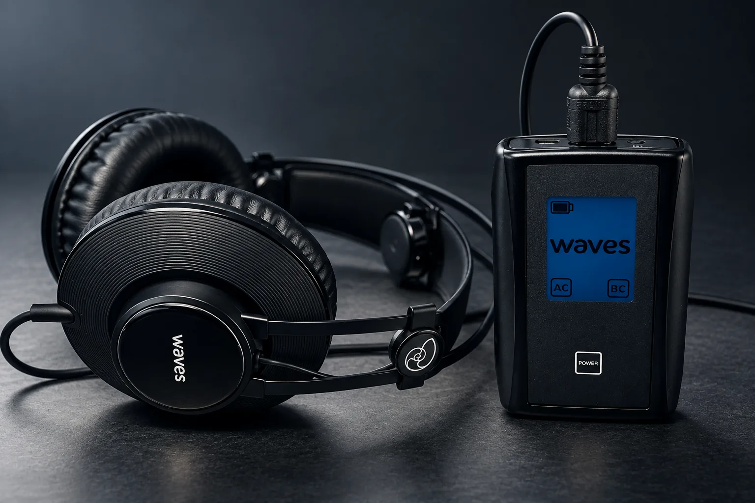 Waves Air & Bone Conduction Headphones beside the Waves control unit, which shows separate AC and BC settings