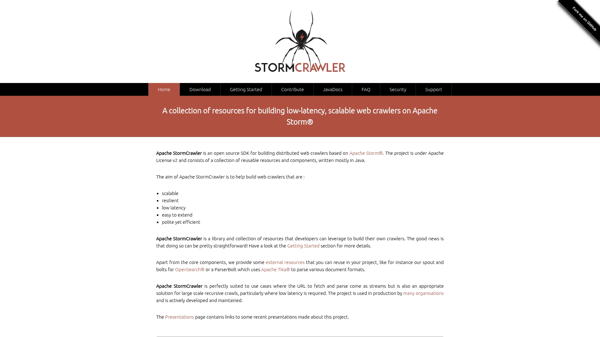 Screenshot of Apache StormCrawler website