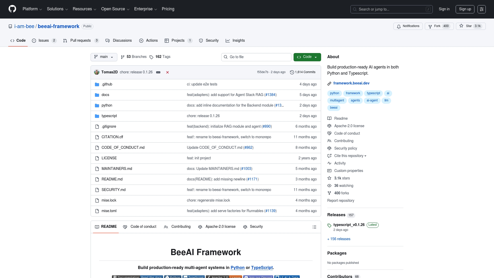 Screenshot of BeeAI Framework website