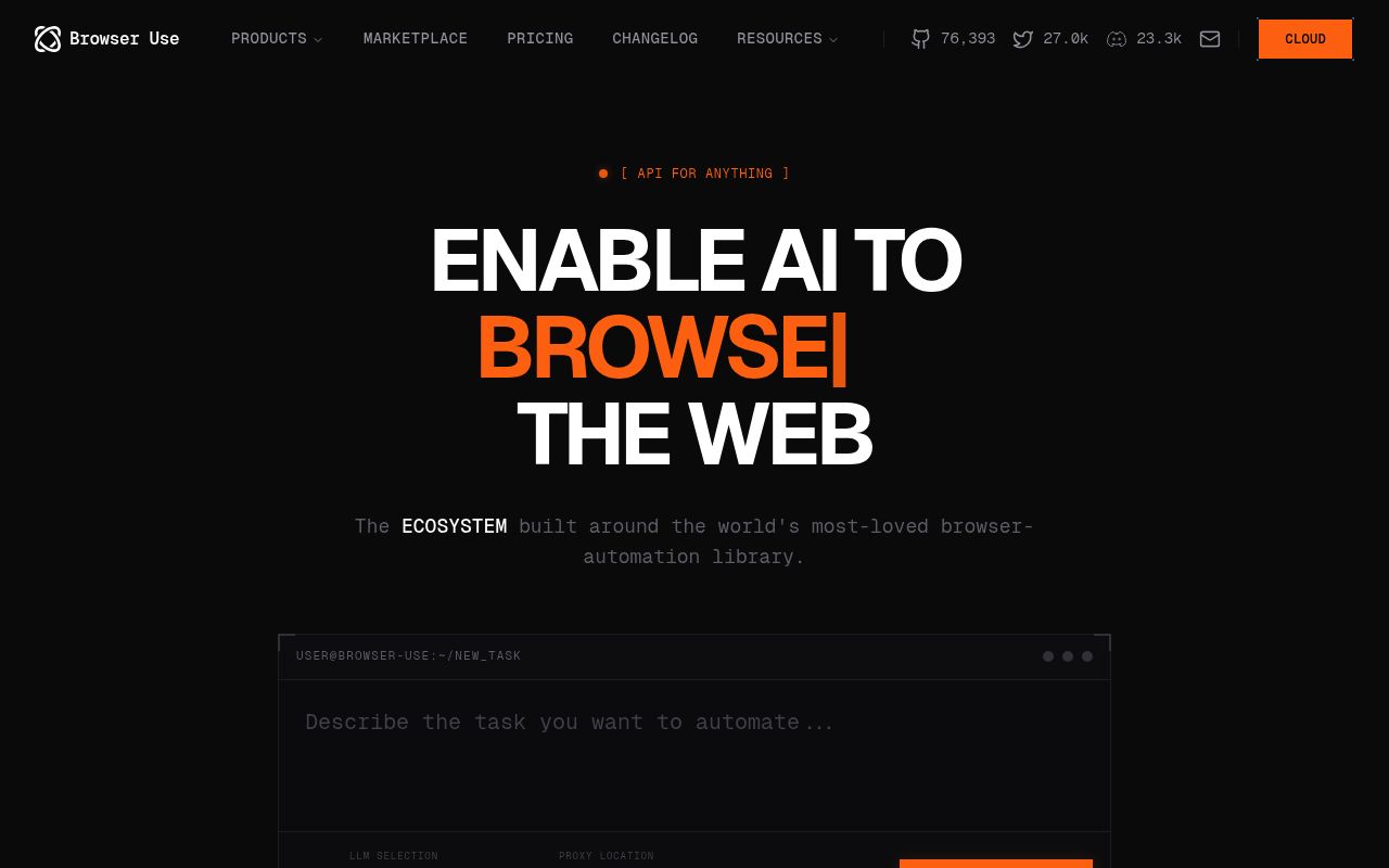 Screenshot of Browser Use website