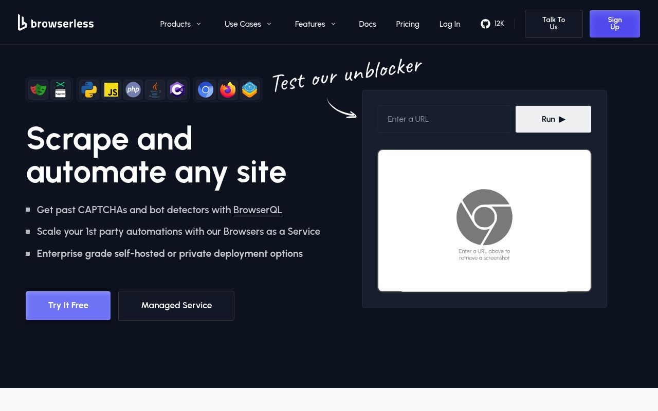 Screenshot of Browserless website