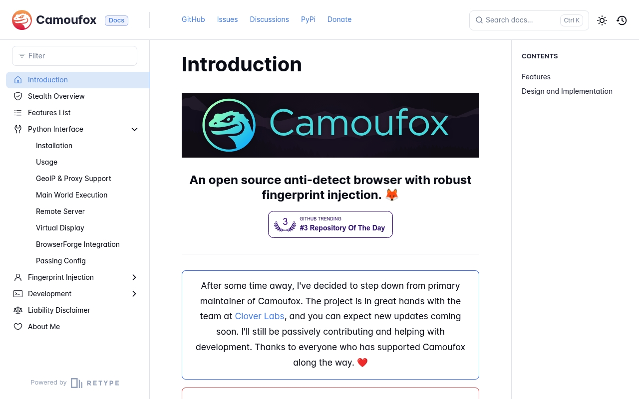 Screenshot of Camoufox website