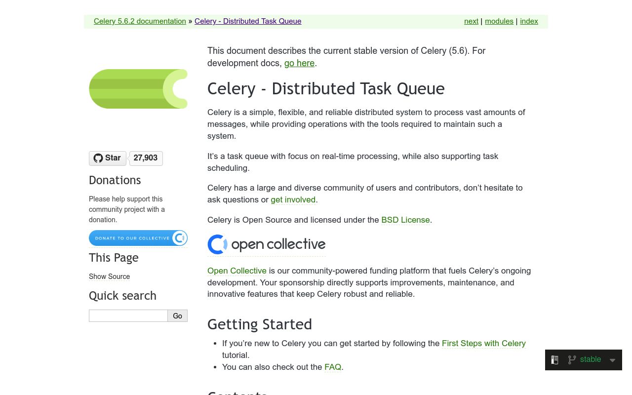 Screenshot of Celery website