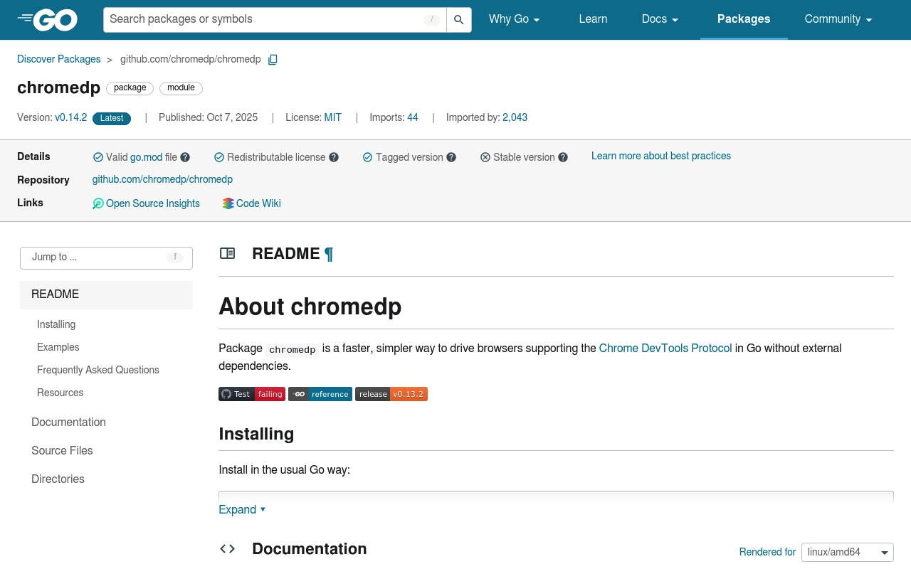 Screenshot of Chromedp website