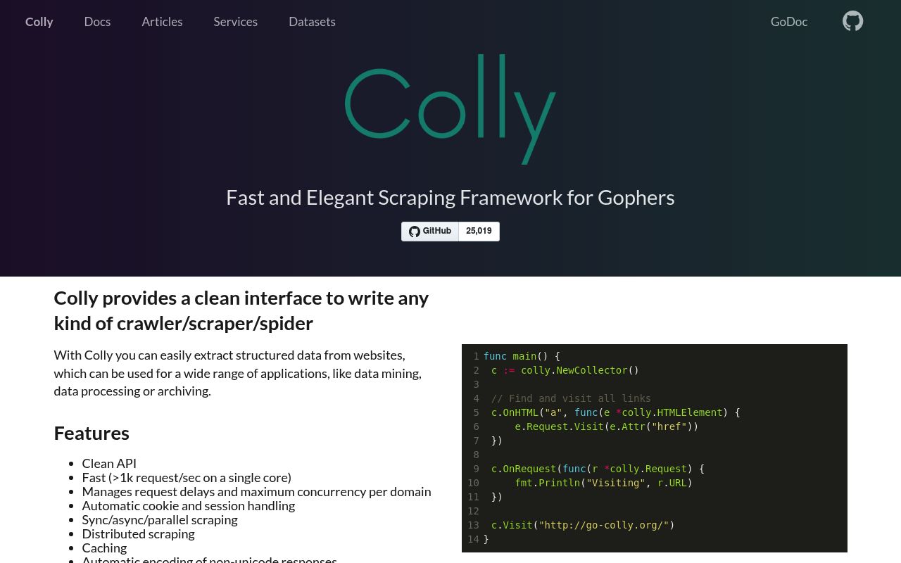 Screenshot of Colly website