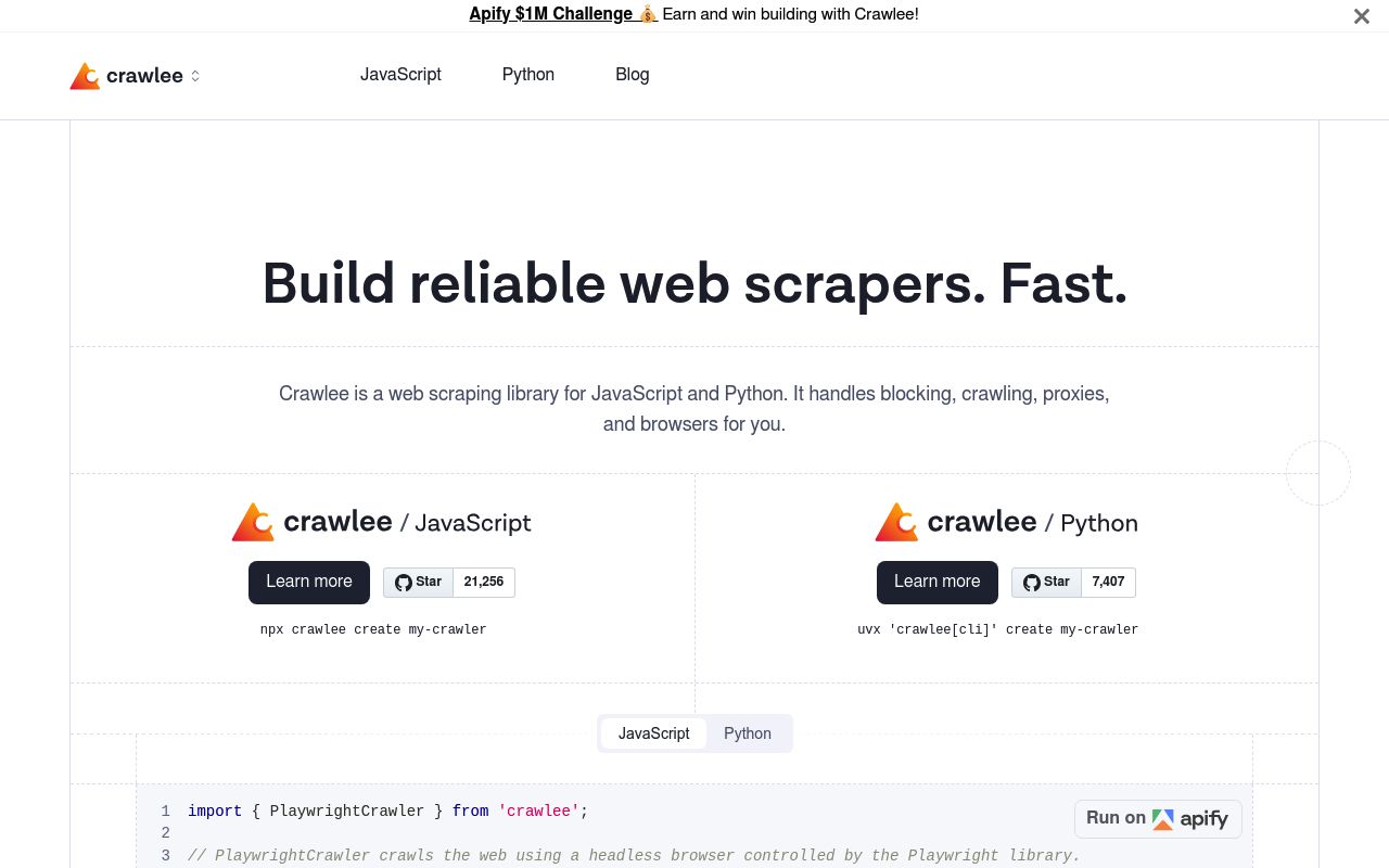 Screenshot of Crawlee website