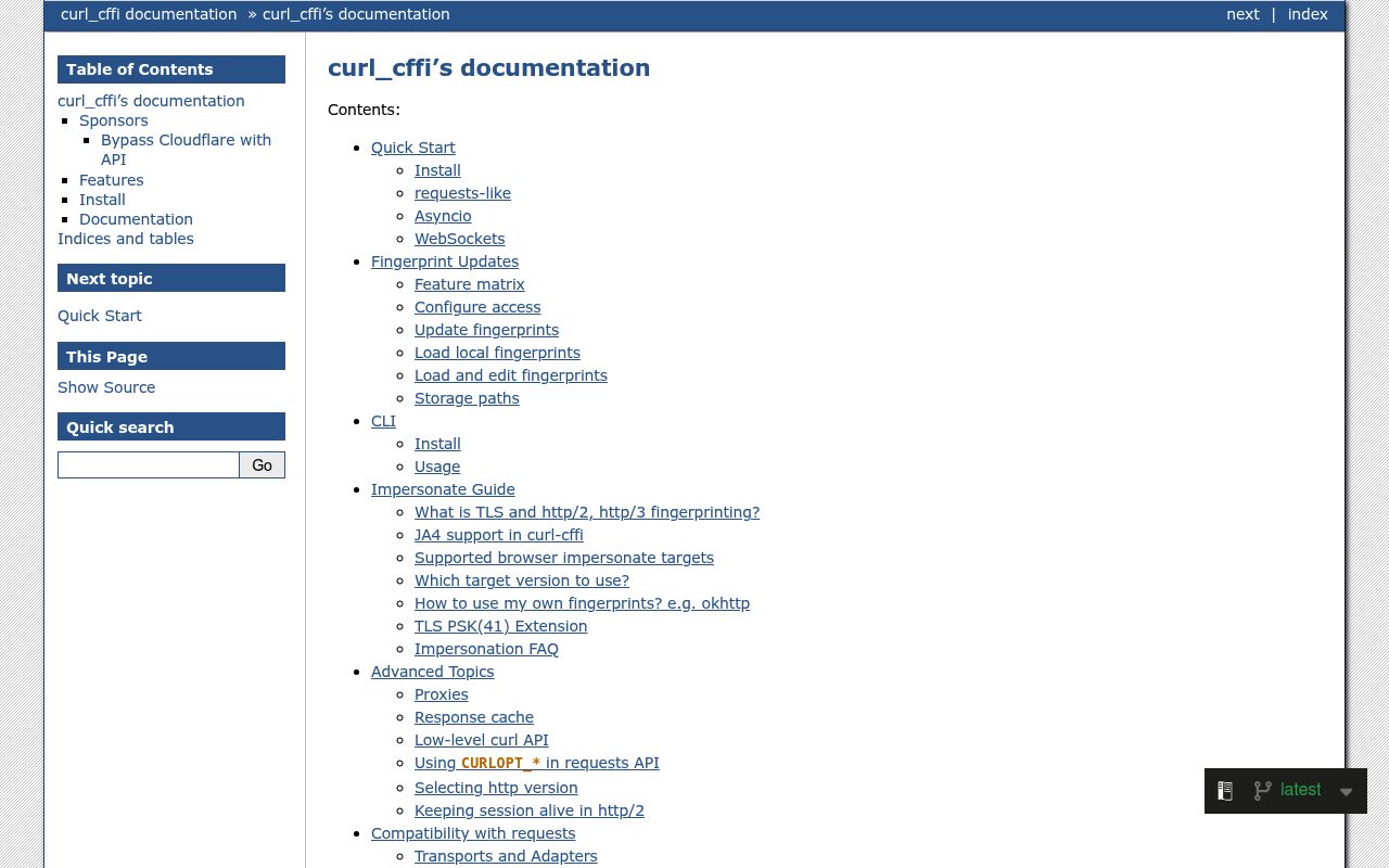 Screenshot of curl_cffi website