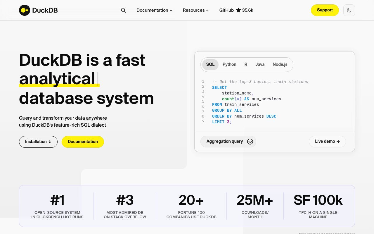 Screenshot of DuckDB website