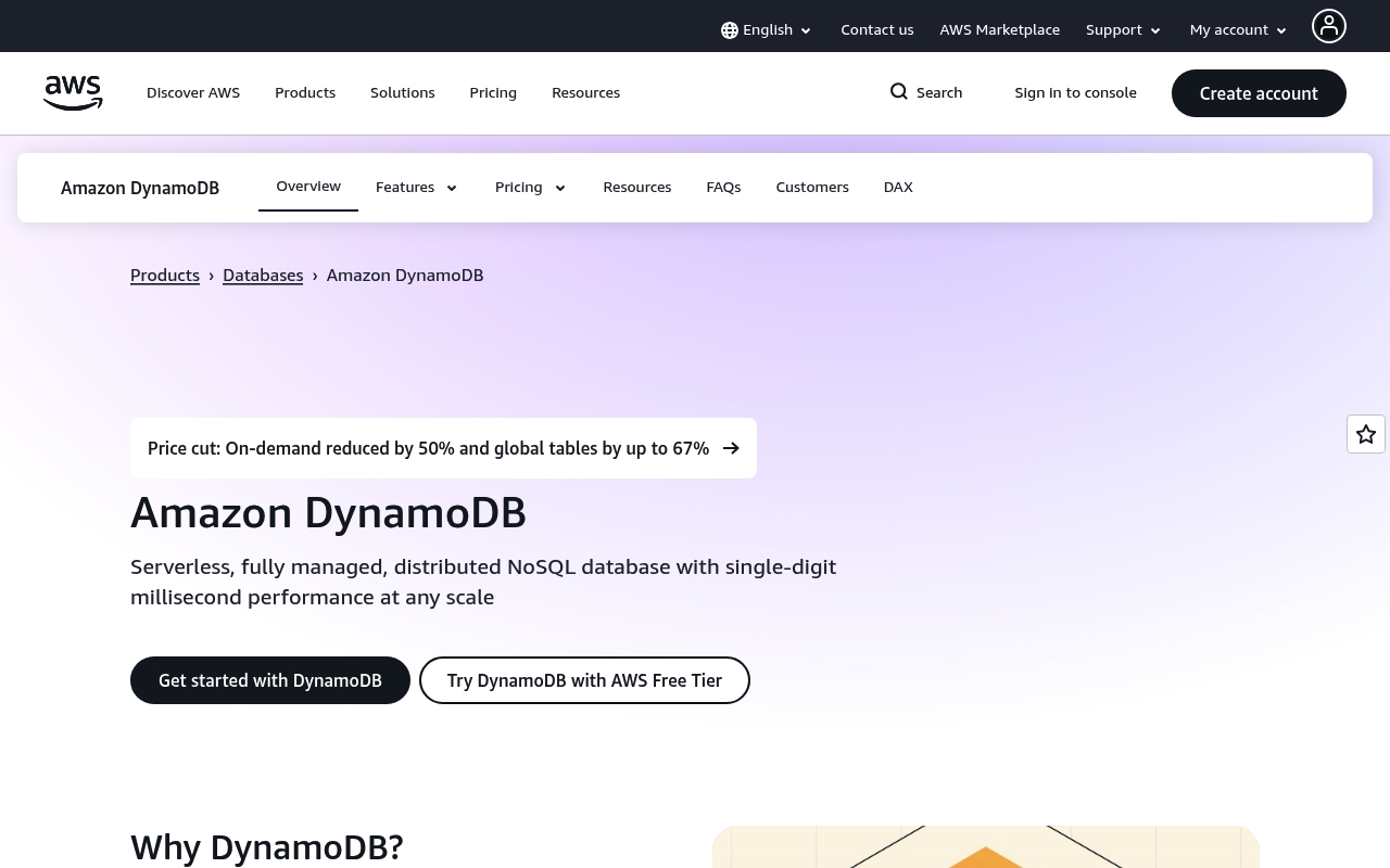 Screenshot of DynamoDB website