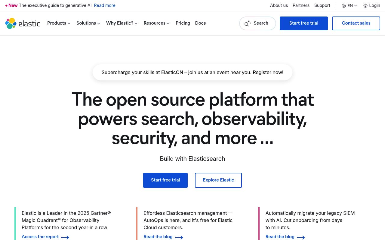 Screenshot of Elasticsearch website