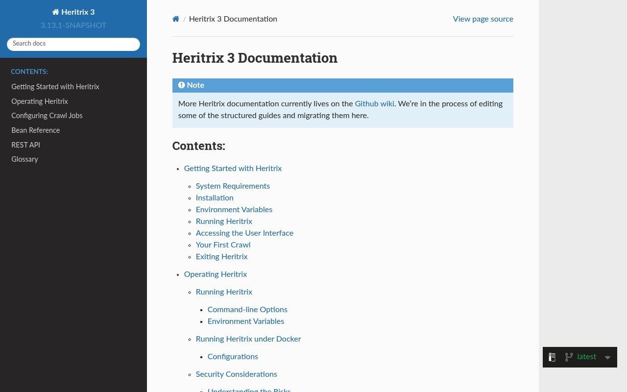 Screenshot of Heritrix website
