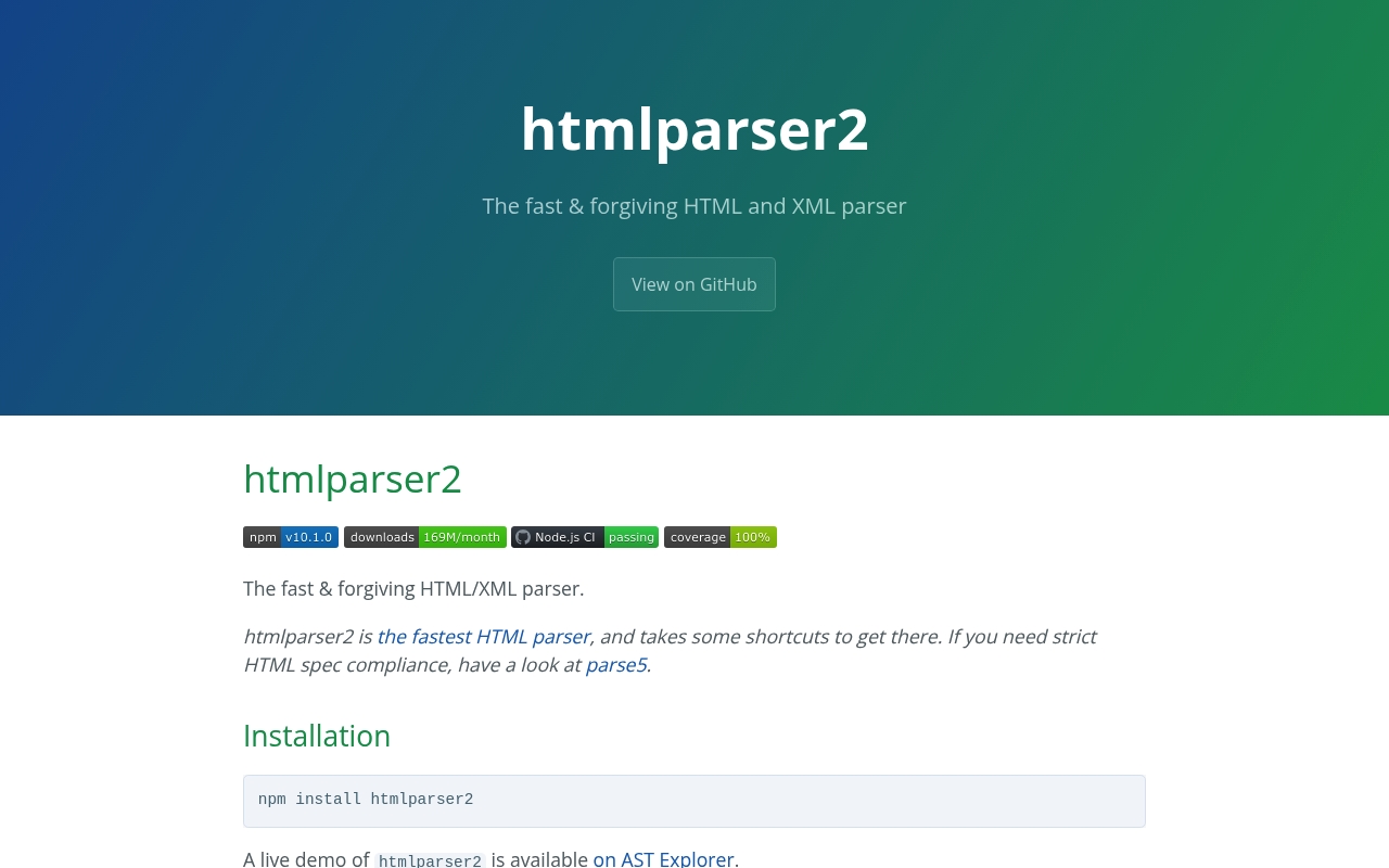 Screenshot of htmlparser2 website