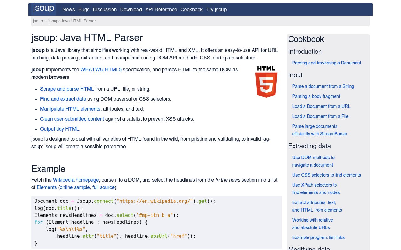 Screenshot of jsoup website
