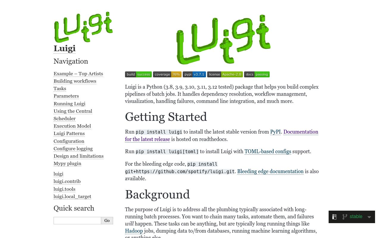 Screenshot of Luigi website