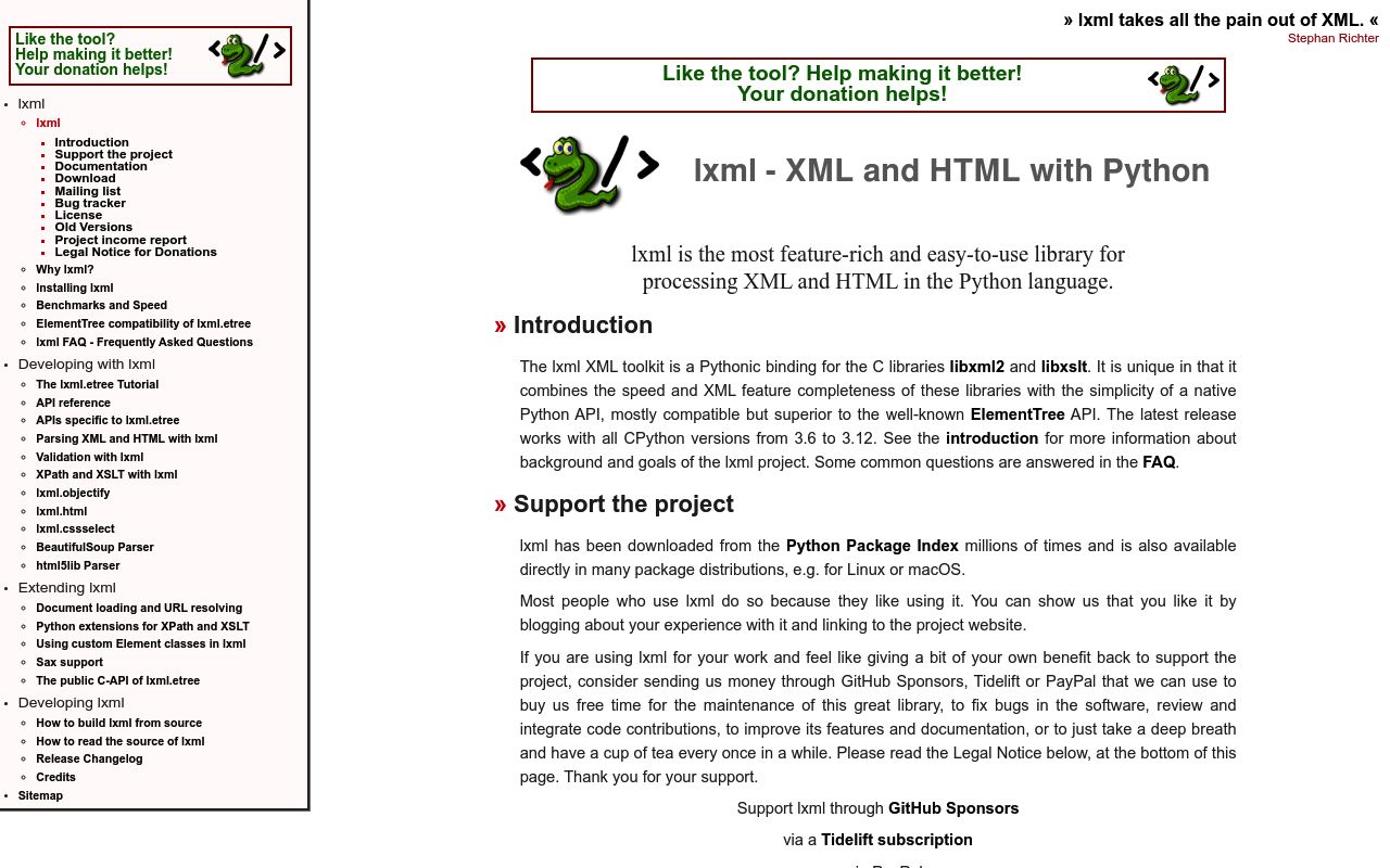 Screenshot of lxml website