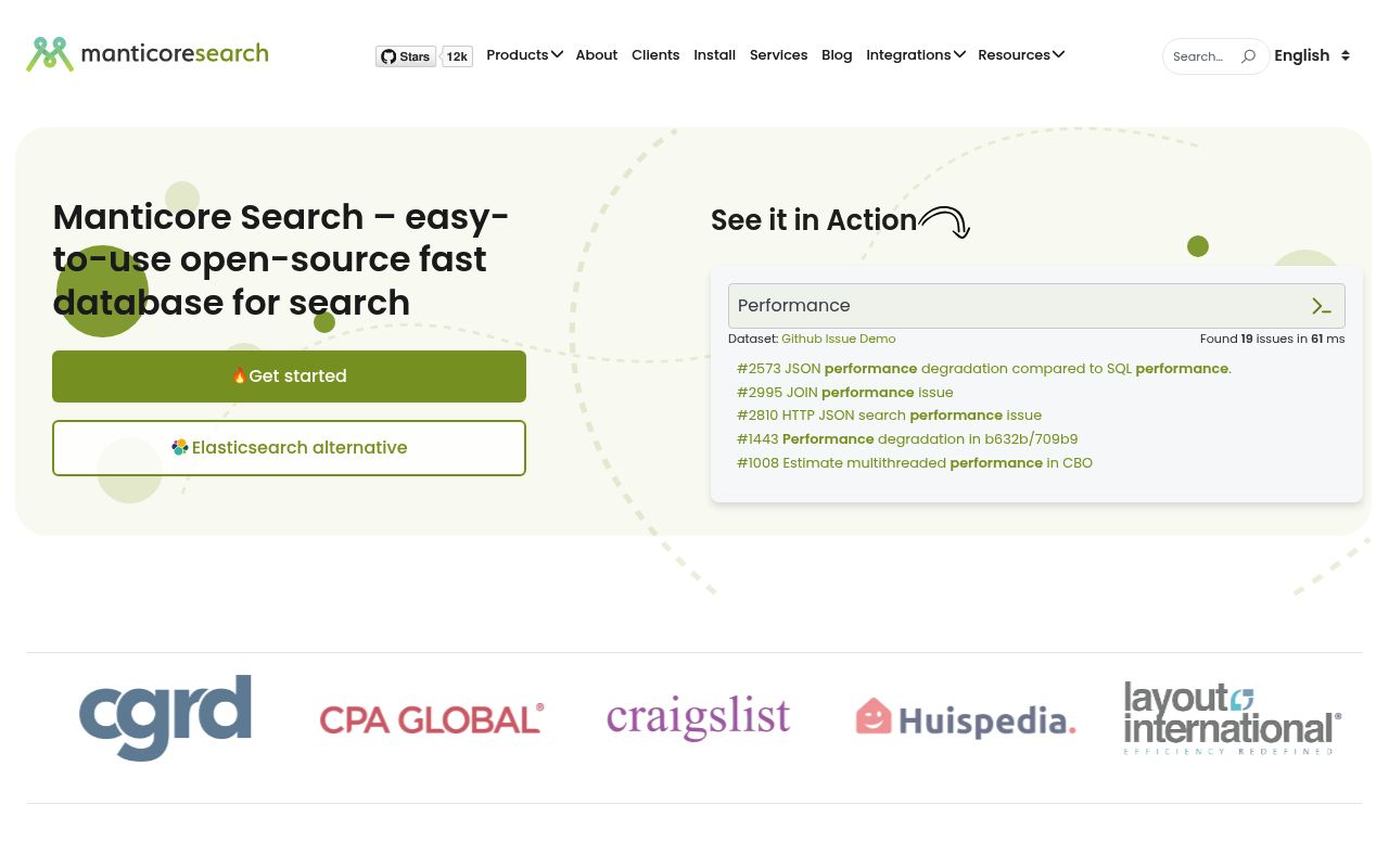 Screenshot of Manticore Search website