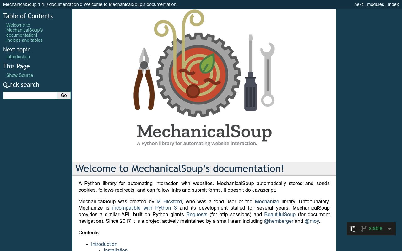 Screenshot of Mechanicalsoup website