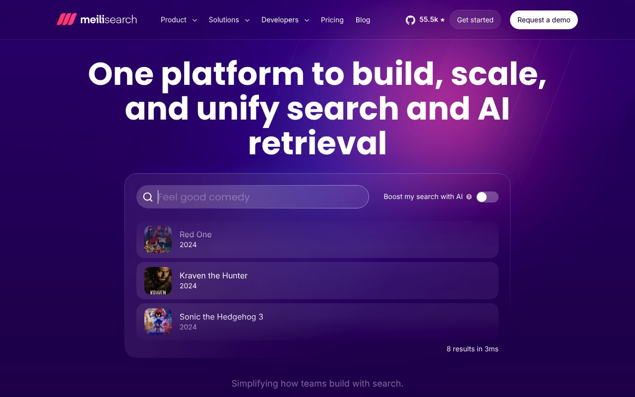 Screenshot of Meilisearch website