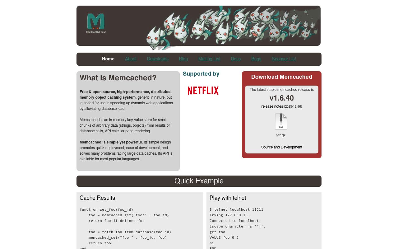 Screenshot of Memcached website