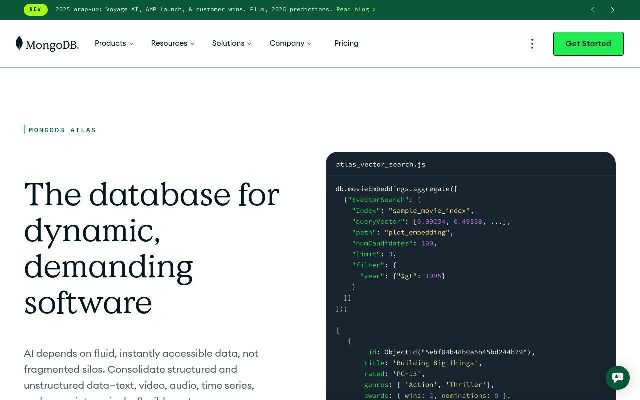 Screenshot of MongoDB website