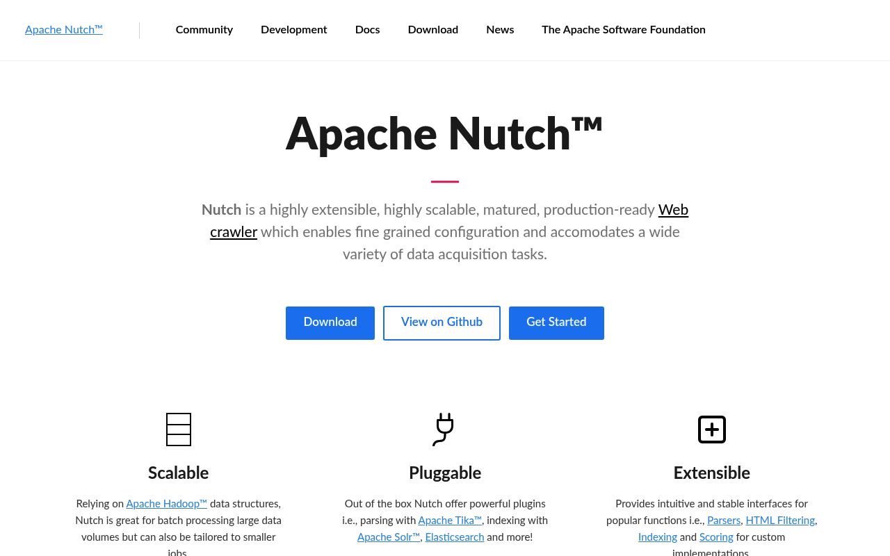 Screenshot of Nutch website