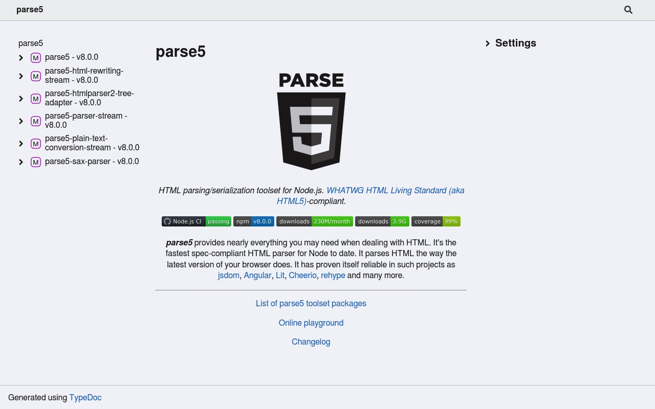 Screenshot of parse5 website