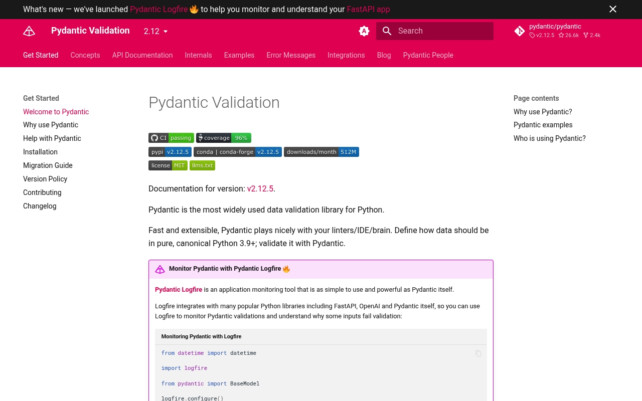 Screenshot of Pydantic website