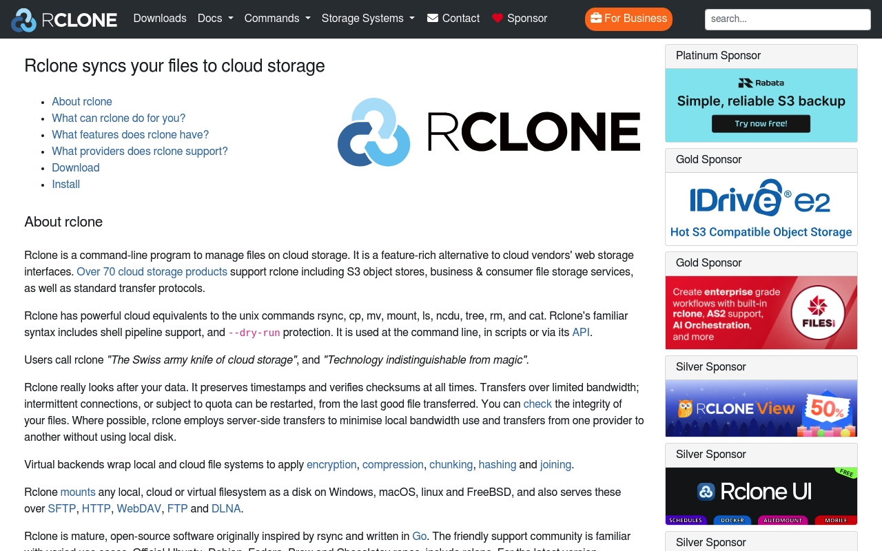 Screenshot of rclone website