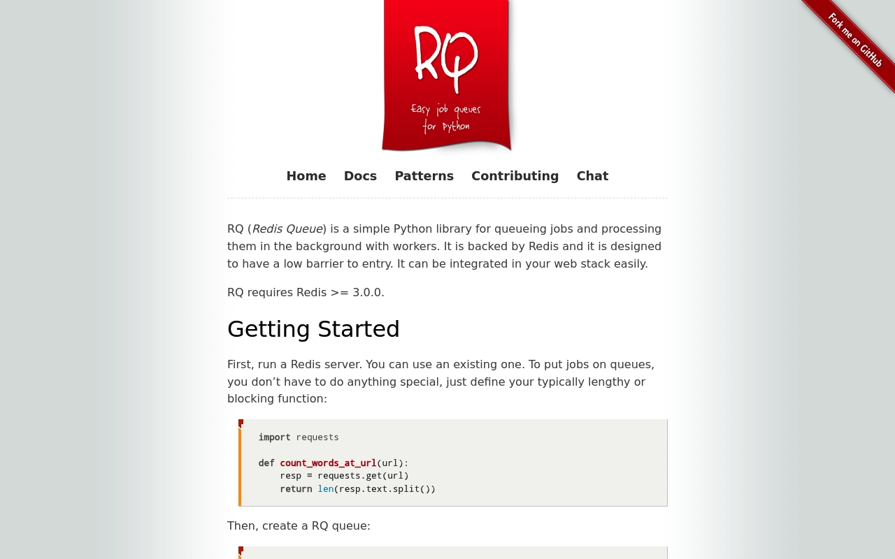 Screenshot of RQ (Redis Queue) website