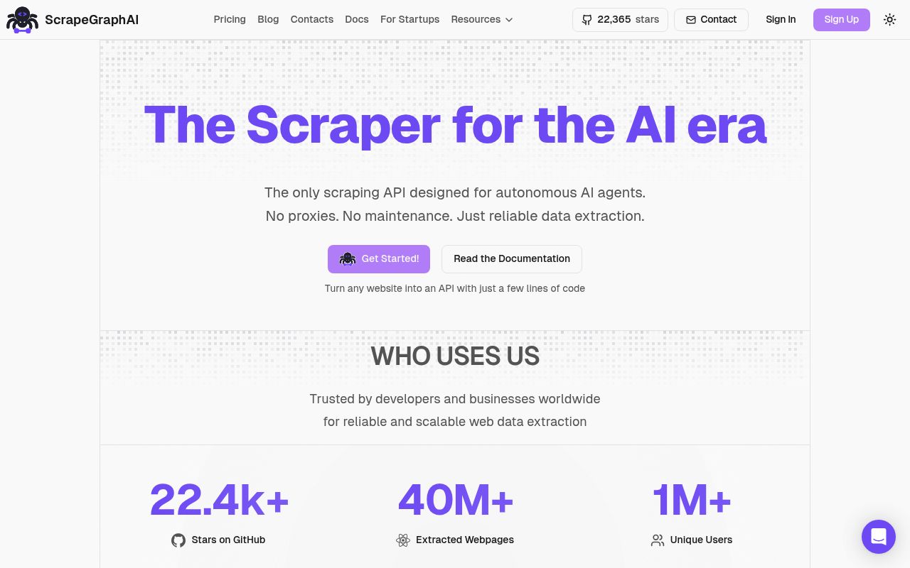 Screenshot of ScrapeGraphAI website