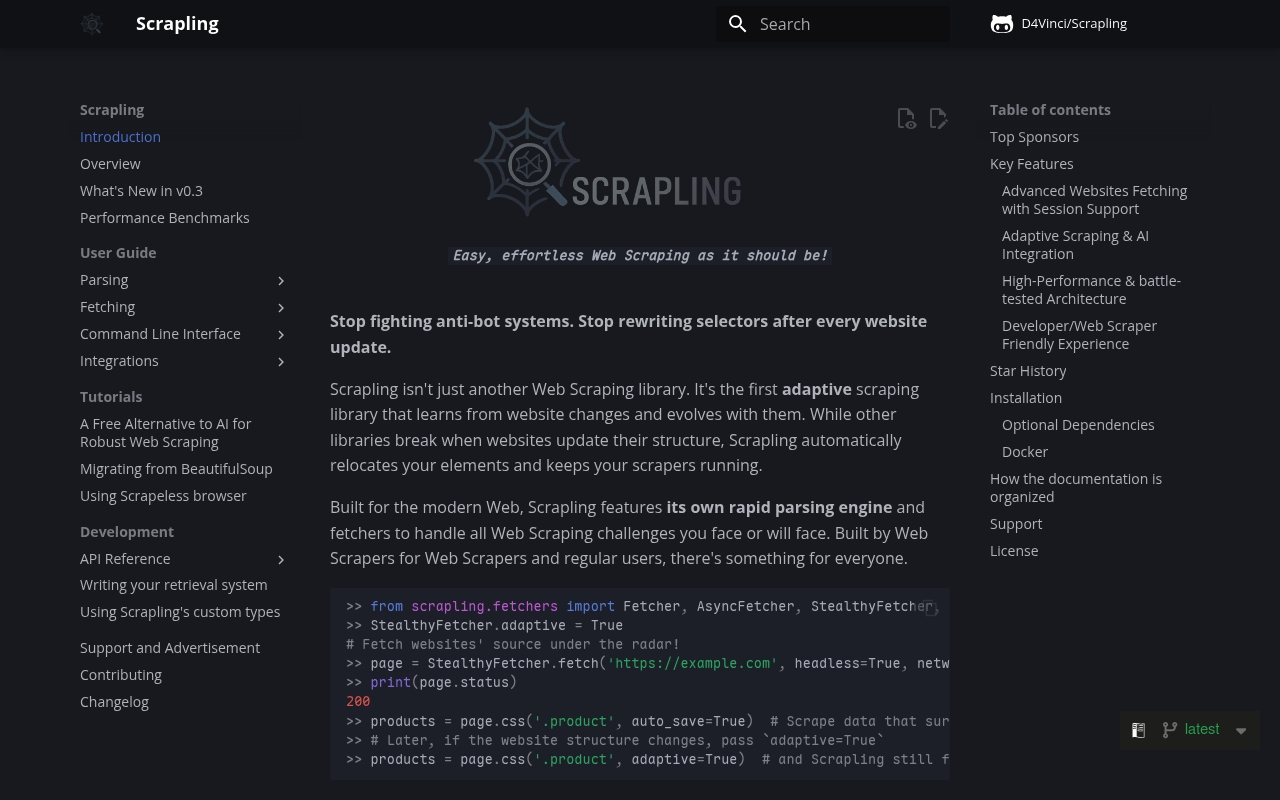 Screenshot of Scrapling website