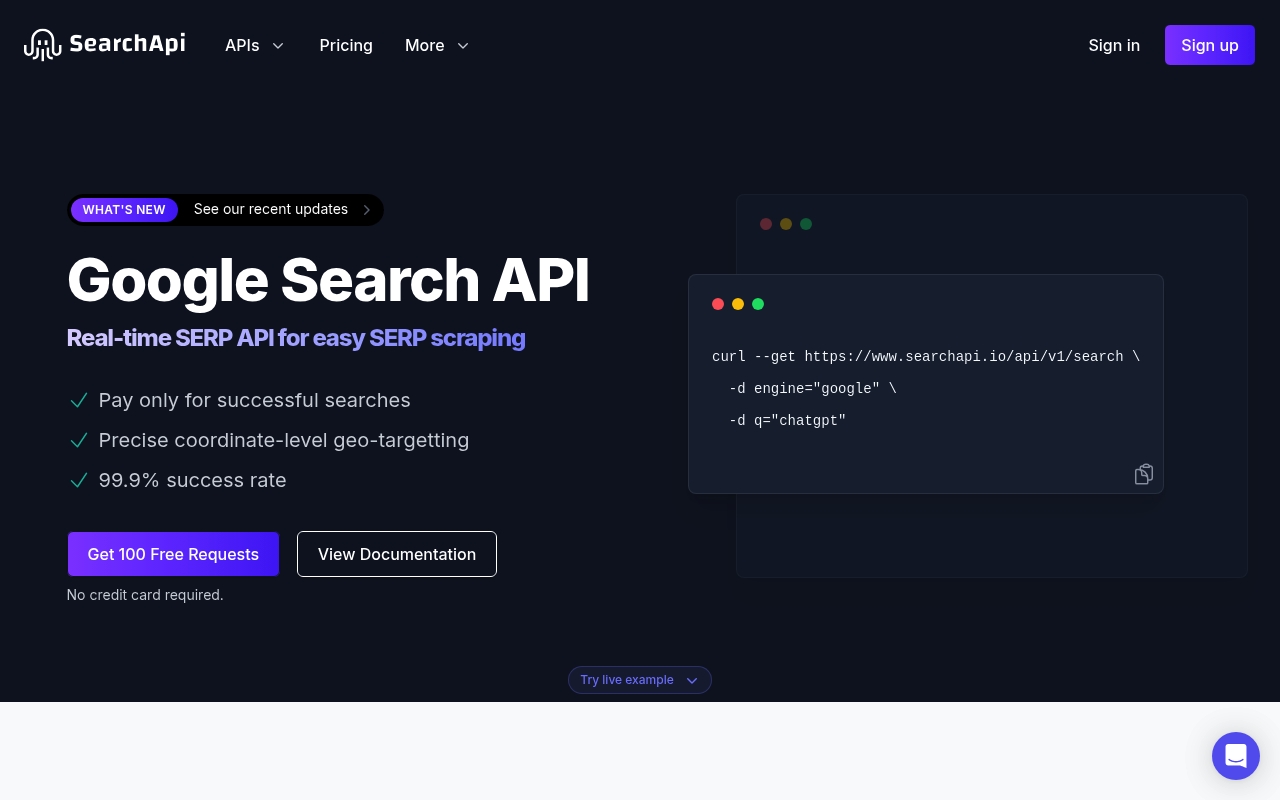 Screenshot of SearchAPI.io website