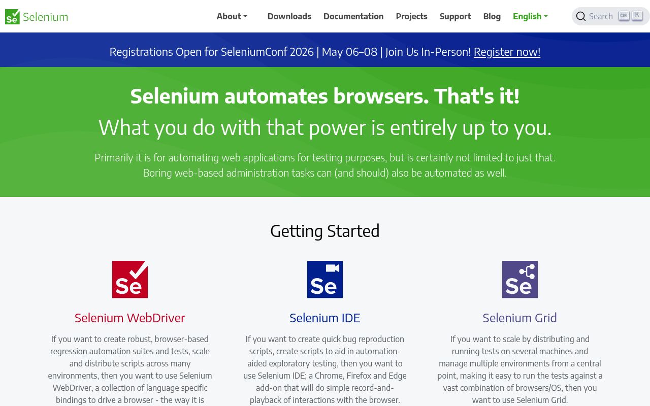 Screenshot of Selenium website