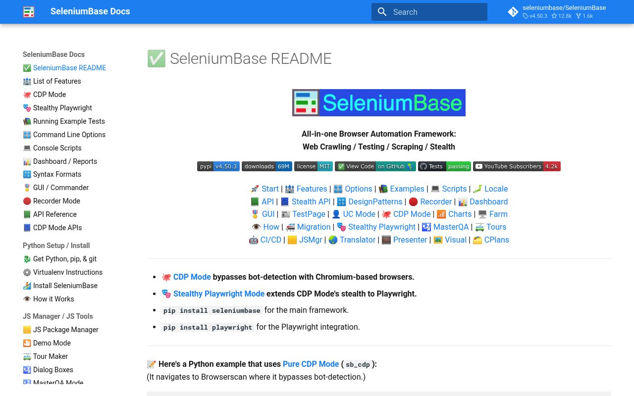 Screenshot of SeleniumBase website