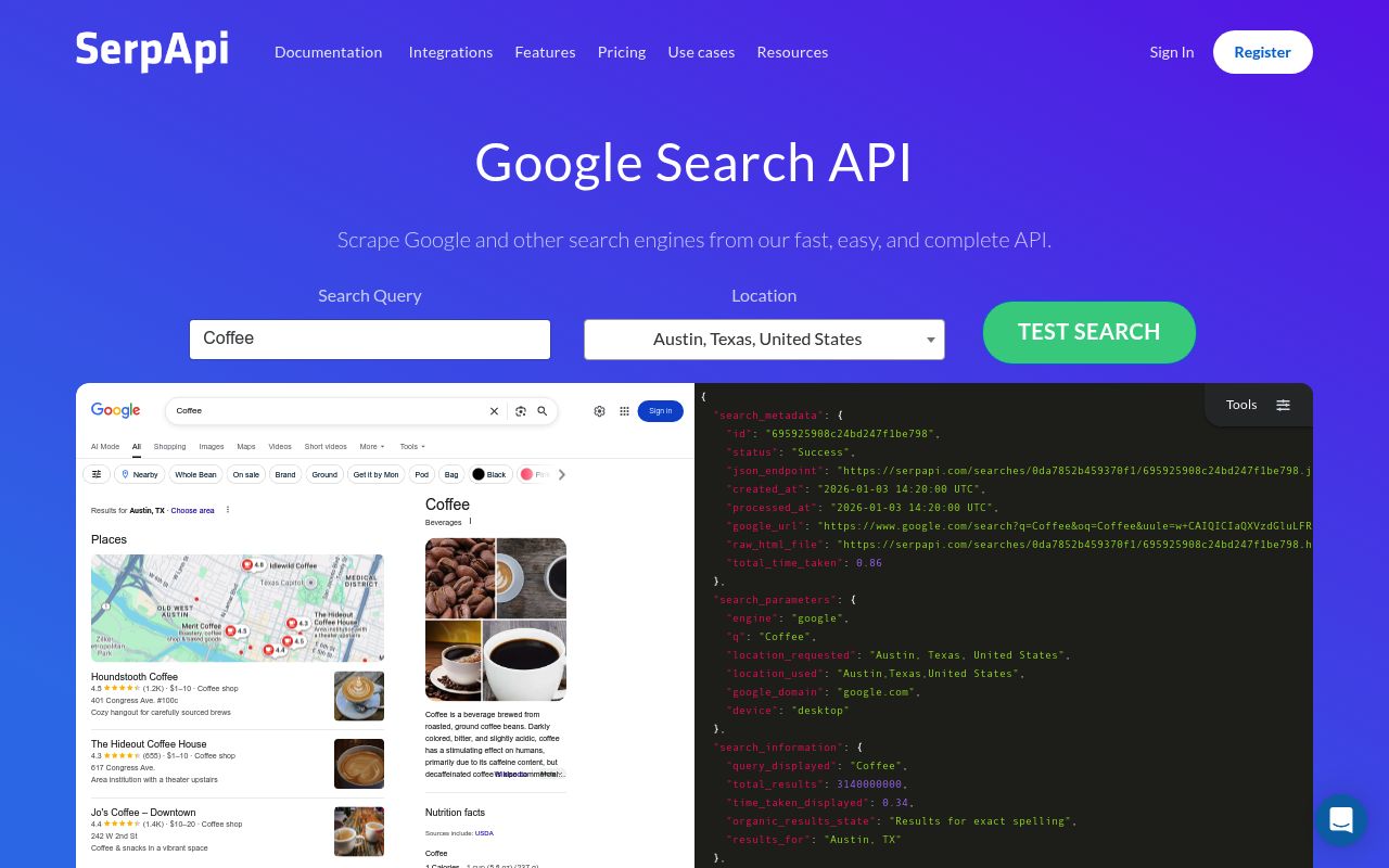 Screenshot of SerpAPI website