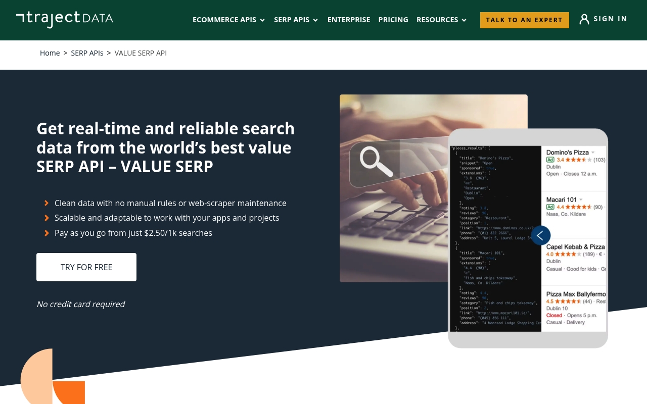 Screenshot of ValueSERP website