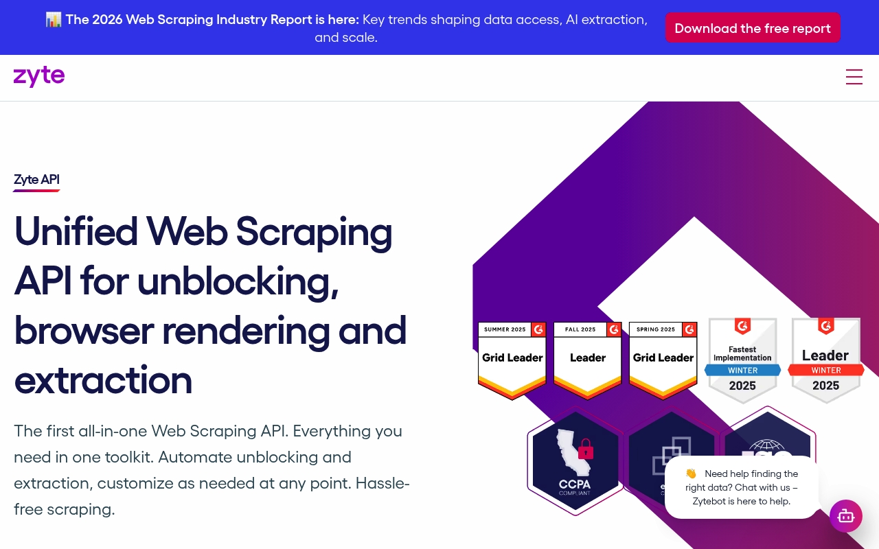 Screenshot of Zyte API website
