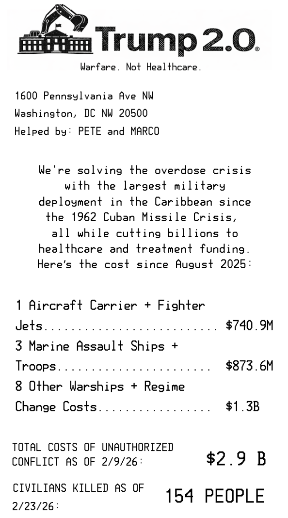 Receipt showing the cost of Trump's violence-first policies in Latin America