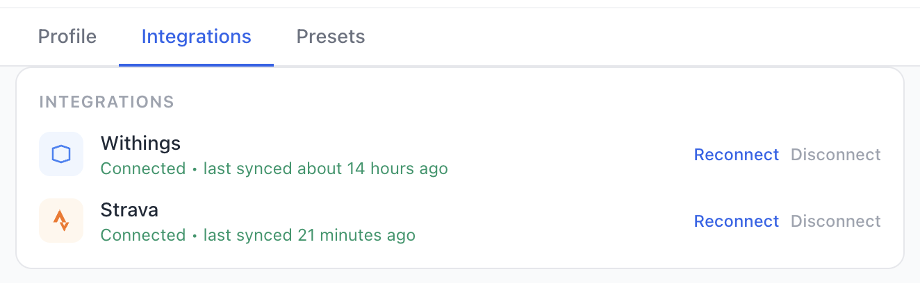 Tally integrations with Withings and Strava