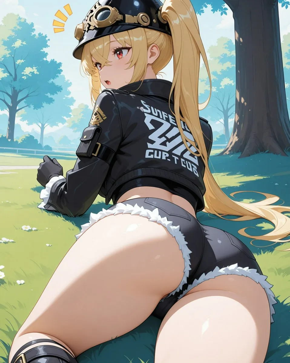 Hannah relaxing in a sunny park, anime-style AI character