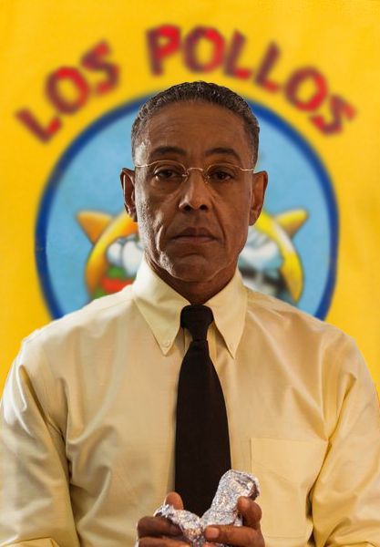 Gus Fring in a black suit and wire-rimmed glasses, anime AI character from Breaking Bad