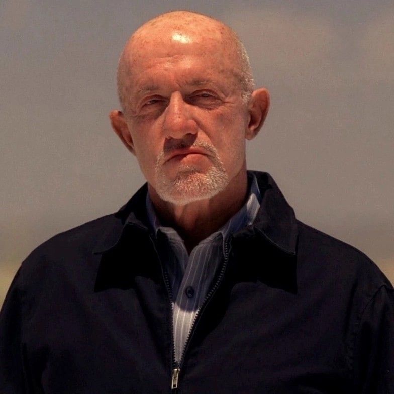 Mike Ehrmantraut in a black trench coat, anime AI character from Breaking Bad