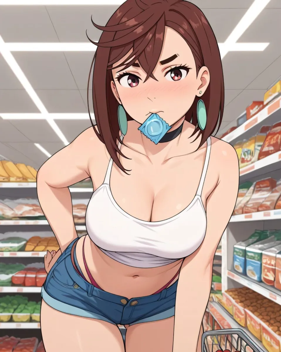 Momosuke at the grocery store, anime-style AI character