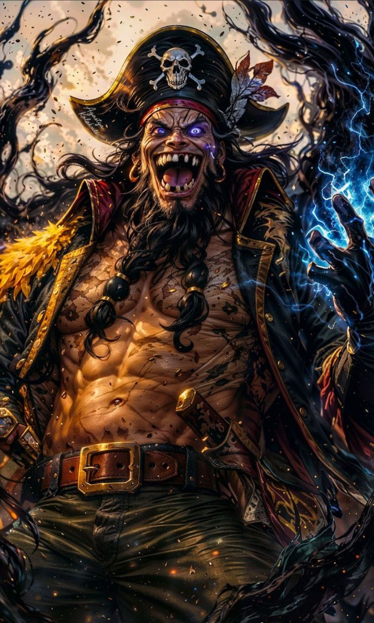 Blackbeard with a wild black beard, pirate AI character from One Piece